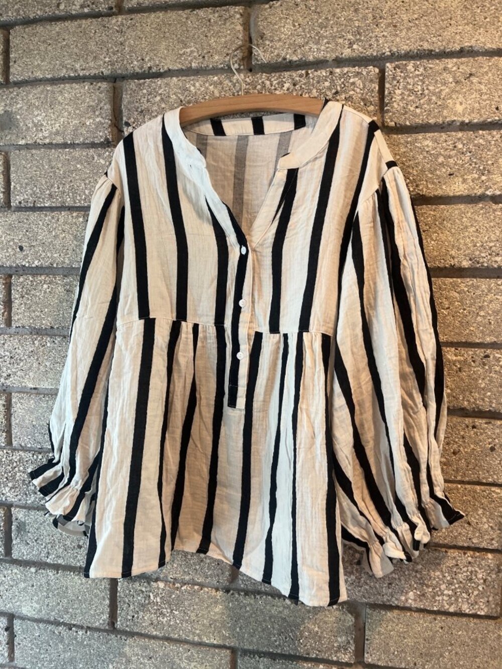Striped Cotton Long Sleeve Peasant Blouse XL Black & White